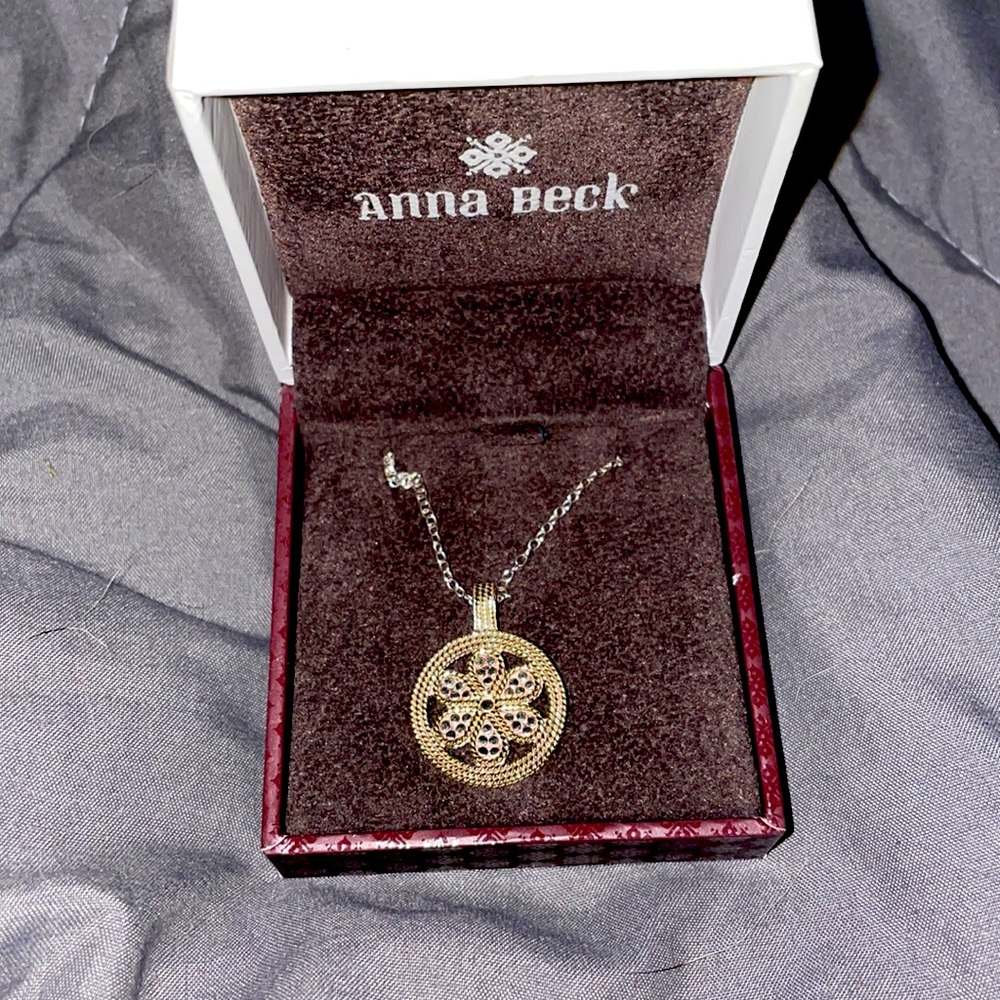 Anna Beck flower disc necklace gold one side silver on other